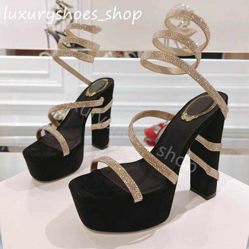 Qualité supérieure Margot embelli chaussures à talons hauts sandales à plateforme cheville-wrap escarpins 14 cm en daim gros bloc chaussures habi