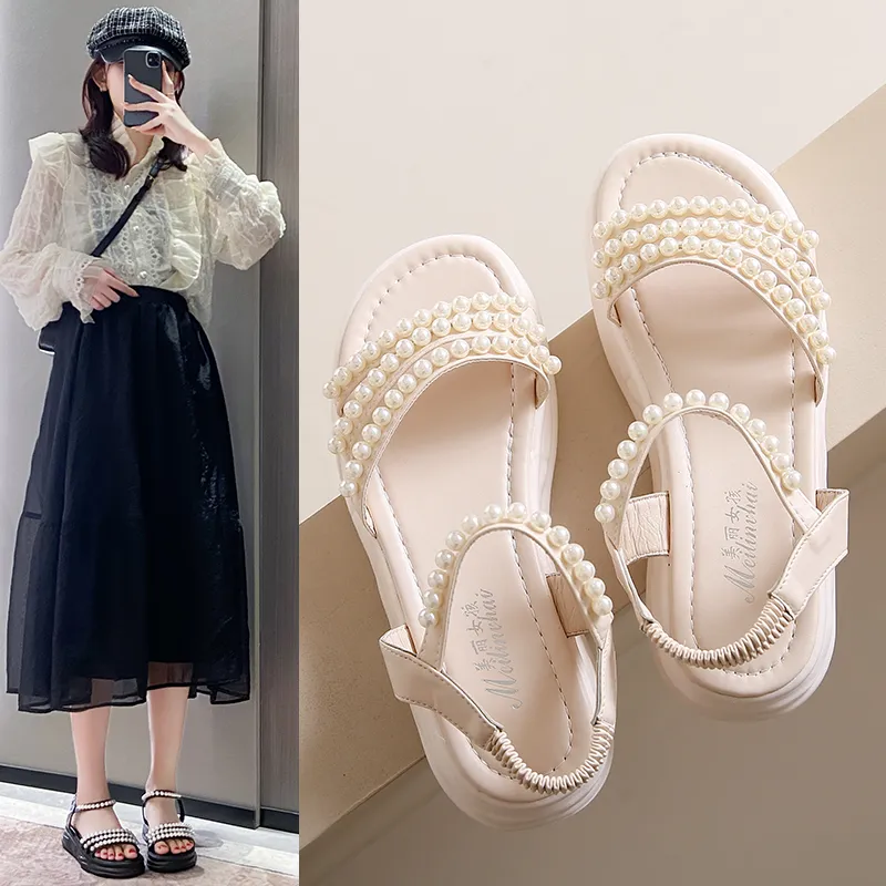 2024 summertime new Women Comfortable Outdoor Sandals Broad foot Casual Pearl elegance Slippers Round on Plus Size Sandalias Mujer 38-40