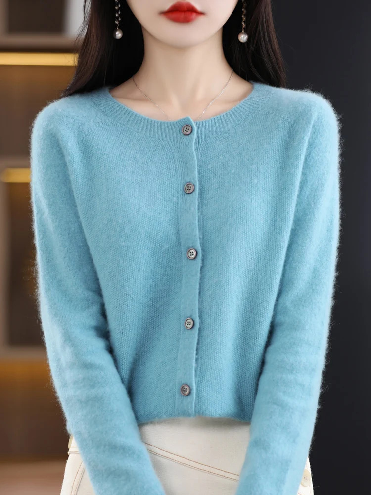 Fashion Spring 100% Merino Wool Womens Oneck Cardigan Cashmere Sweater Female Clothing Grace Knitwear Korean Tops 241108