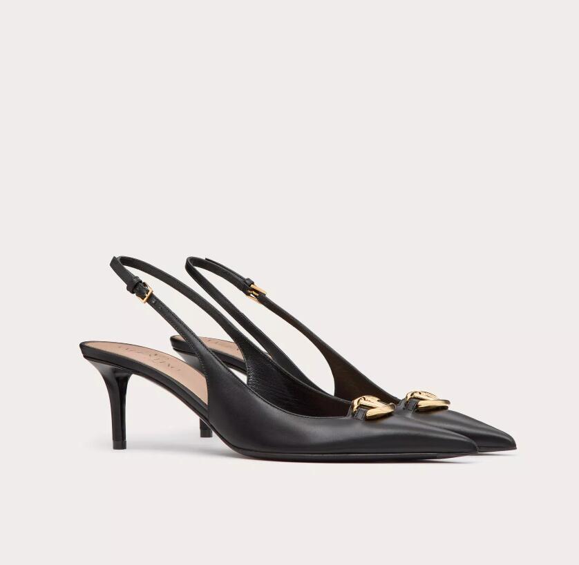 Luxury Bold Edition V Sandals Shoes Women Calfskin Slingback Gold-tone V-Logo Signature Party Wedding Dress Lady Elegant Pump EU35-43 With Box-image-961366849