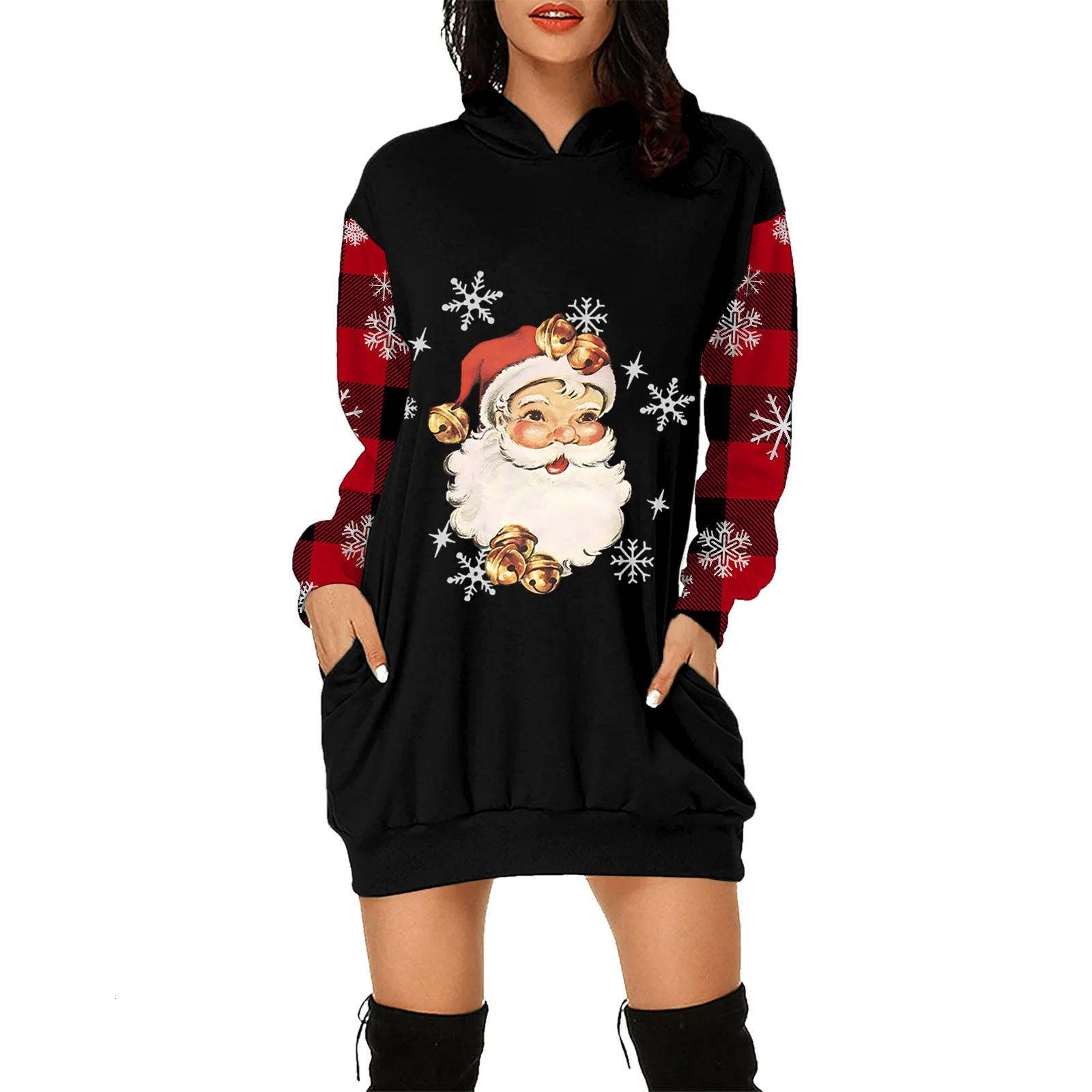 Robe de Noël de la mode Fashion Merry Christmassanta Claus Robes imprimées pour les sweats à capuche à manches longues en vrac avec des poches 24