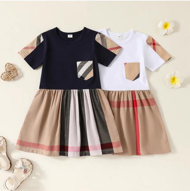 Kids New Style Short Sleeve Girl Dress Plaid Casual Wear Bow Cotton Kids Clothing Childrens Wear Autumn Fashion 2-6 Years Mini Skirt Dresses AA M-image-1095351347