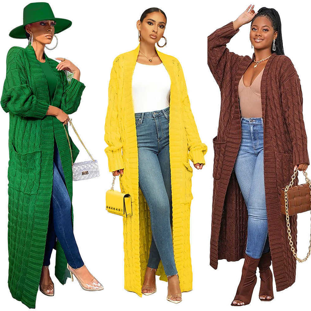 Spring Autumn Designer Womens Knit Sweater Cardigan Fashion New Pocket Fried Dough Twist Loose Long Coat