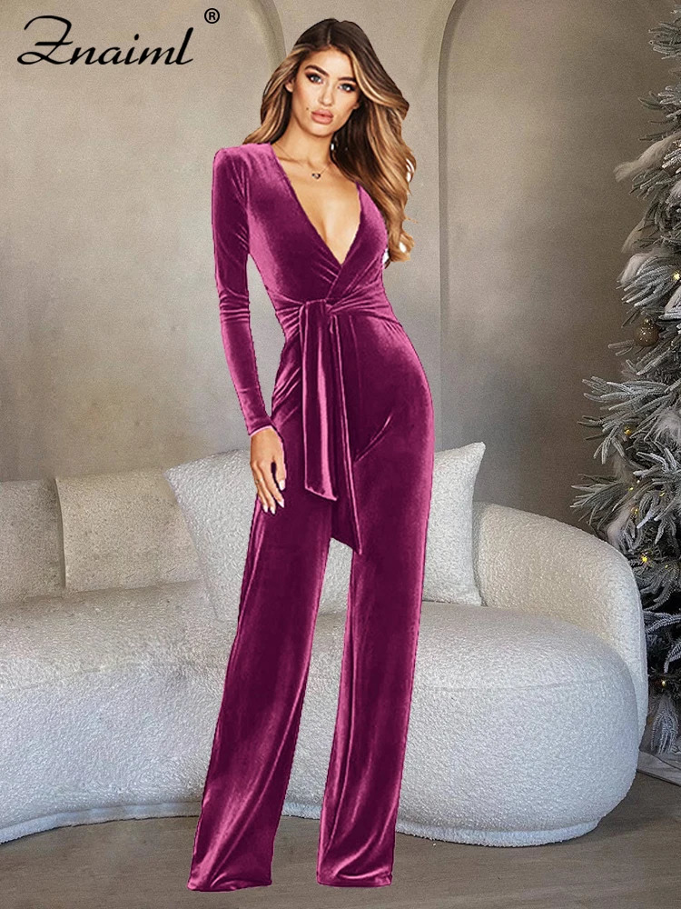 Znaiml Elegant Autumn Korean Velvet Solid Color Long Sleeve V neck Bandage Wide Leg Cover Office Womens jumpsuit 241106
