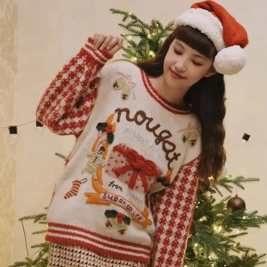 Christmas Women Houndstooth Year Gingerbread Sweater Autumn Winter Cartoon Retro Lazy Pullover 241108