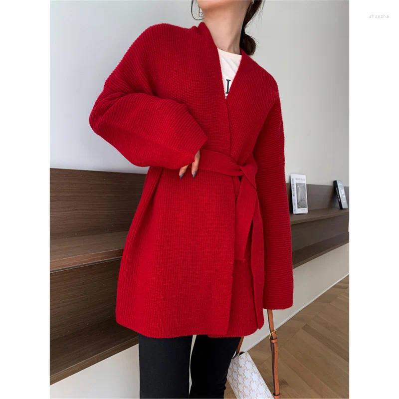 Women's Knits Belted Big Size Knitting Cardigan Sweater Loose Fit V-Neck Long Sleeve Women Fashion Tide Autumn Winter 2024 1DE2914