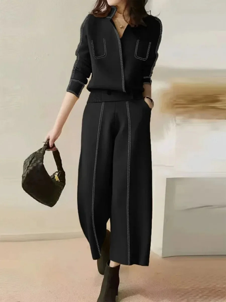 OneCozyday Womens Automne Vêtements d'automne Collier à manches longues Top et pantalon de jambe large de taille haute élastique