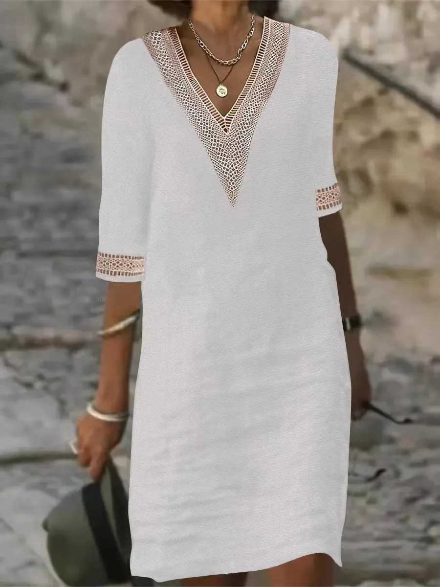 2024 Autumn Cotton Linen Oversize Womens Short Dress Lace Vneck Loose Dresses Female Casual Fashion Elegant Ladies Clothes 240325Z