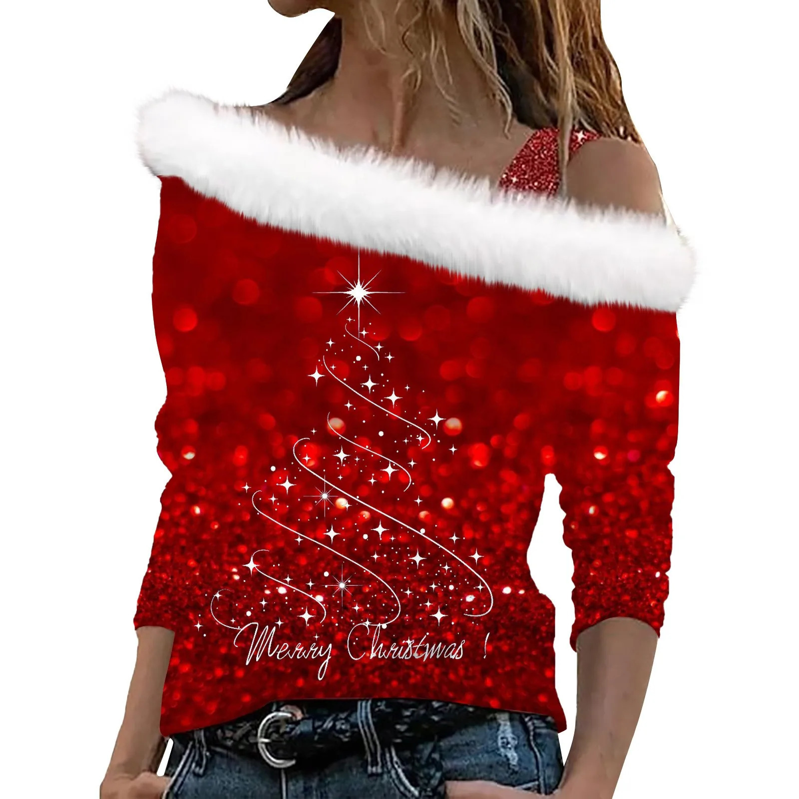 Sexy Off The Shoulder Hoodie Indoor Christmas Party WomenS Clothing Warm Casual One Long Sleeve Pullover Sweater 241108