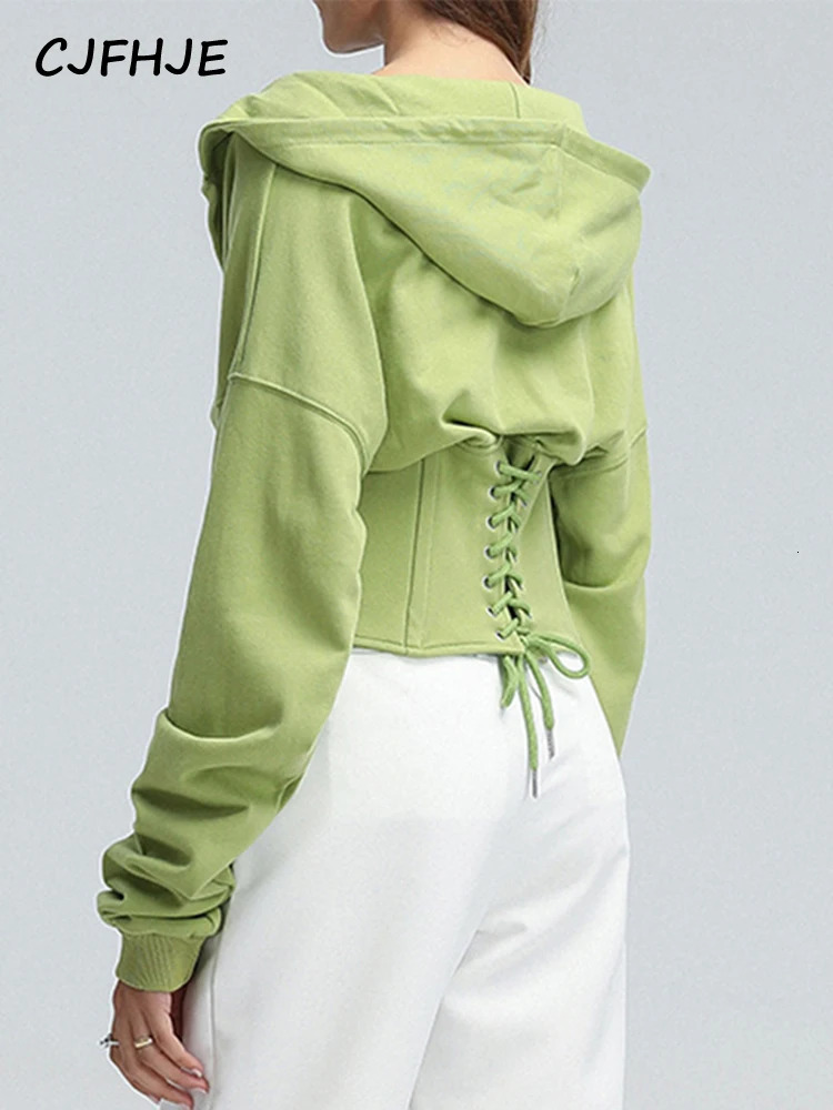 CJFHJE Women Bandage Corset Hoodie Spring Autumn Korean Fashion High Waist Tunic Lace Up Hooded Sweatshirt Tracksuit Street 241108