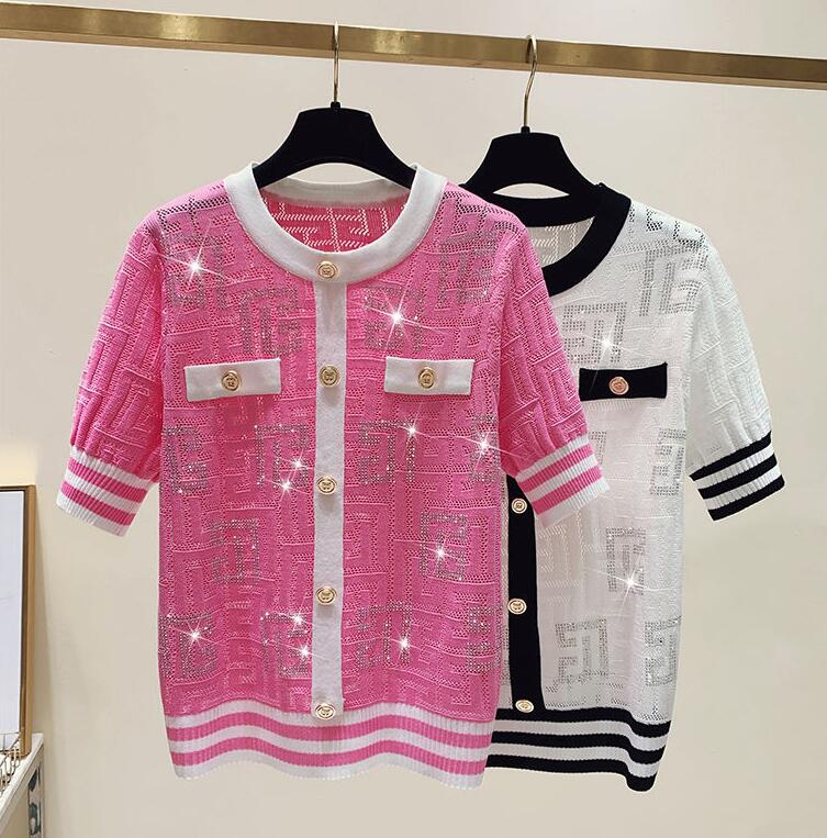 Designer Knits Tees Womens Sparkling Summer Sweaters Elegant Short Sleeve O-Neck Hollow Geometric Knitted Tops