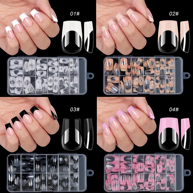 120pcs/box Acrylic French False Nails Medium Length Square Armor Full Cover Nail Tips Can Be Removable Mixed Size Press On Nails-image-961453109