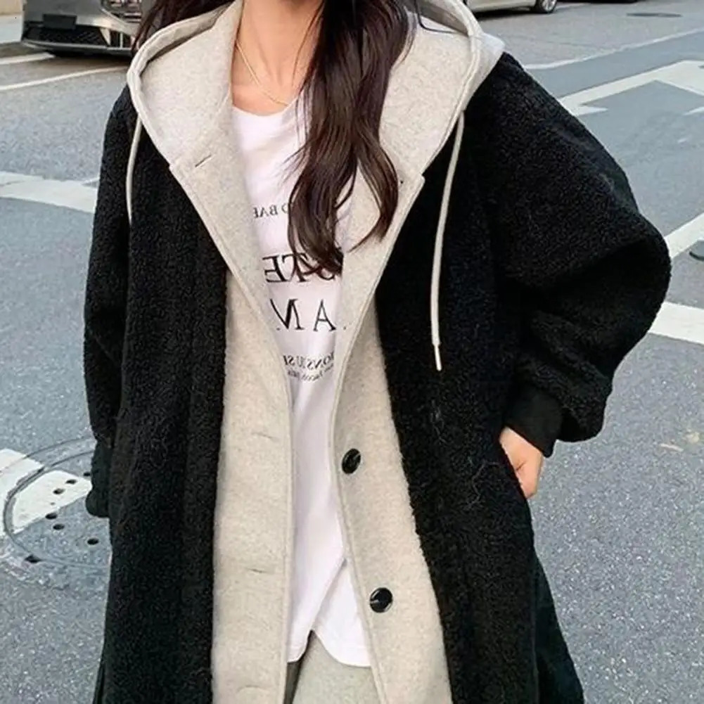 Loose Hem Jacket Twopiece Coat Stylish Womens Winter with Hood Colorblock n Plush Warmth Knee Length for Cold 241108