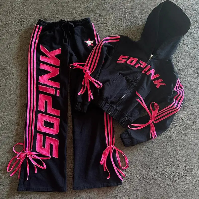 Y2k Women Harajuku Aesthetic Letter Bow Tie Straps Graphic Punk Short Hooded Sweatshirt Sweet Cool Pants Streetwear EmoGirl 241108