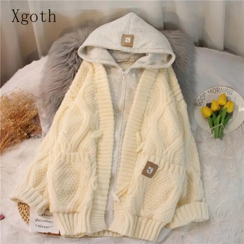 Two Hooded Sweater Coat Womens Autumn and Winter Twist Loose Fit Long Thick Tops Oversized Cardigan 241108