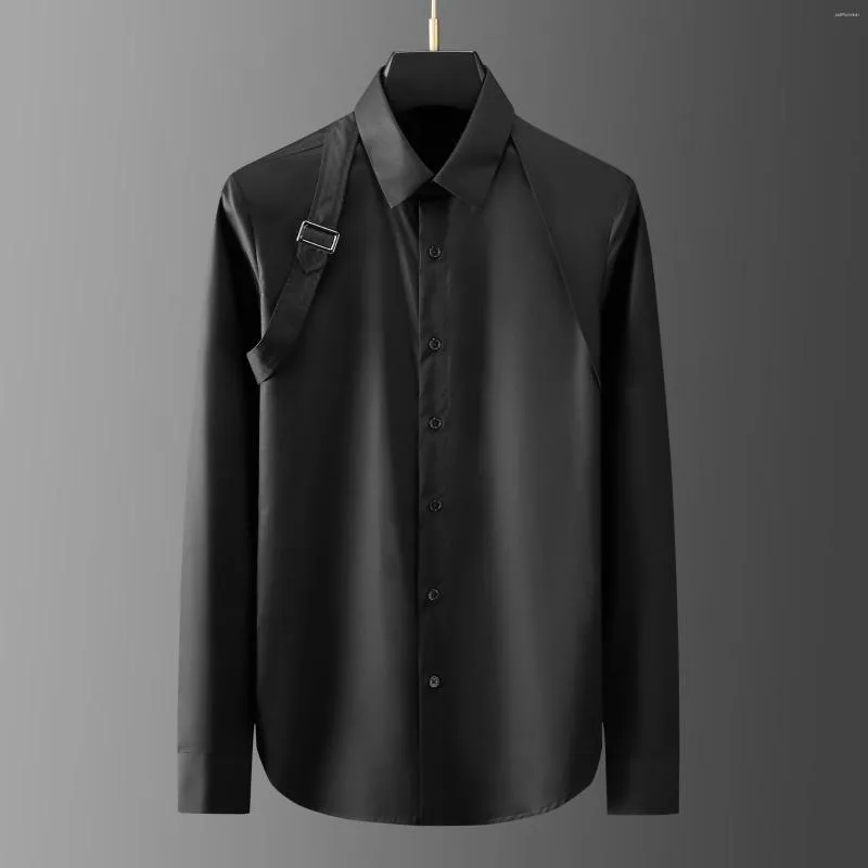 Formal Shirts Cotton Male Shirts Luxury Metal Buckle Long Sleeve Casual Mens Dress Shirts Fashion Slim Fit Party Solid Color Man Shirts-image-961634926