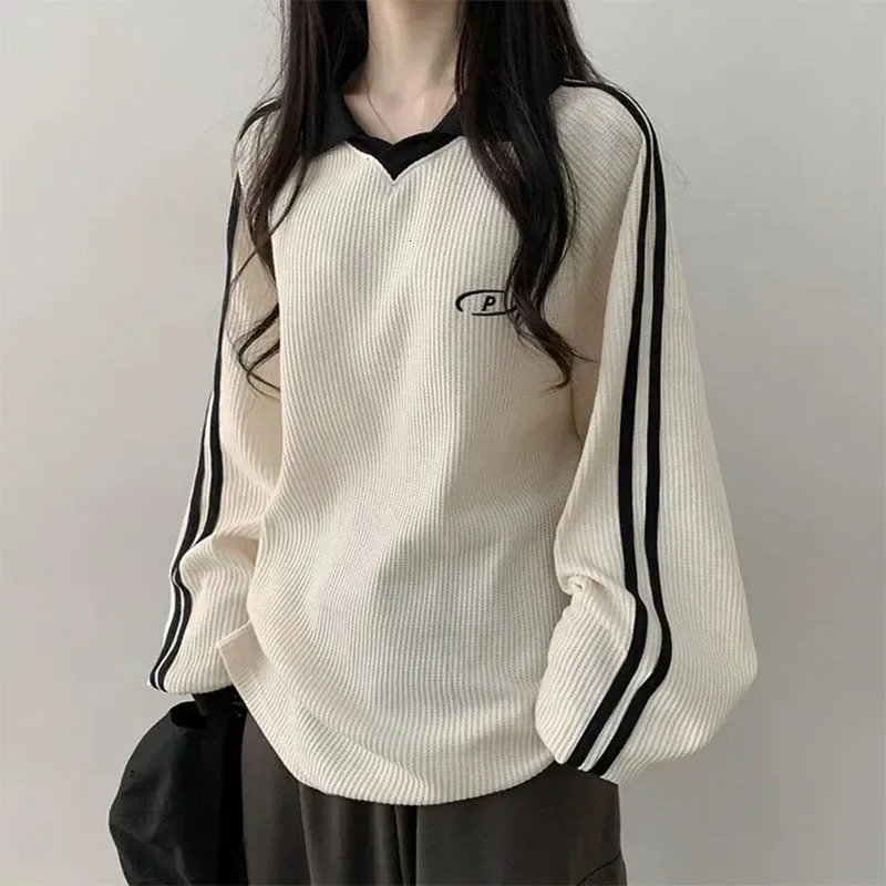 Spring and Autumn Womens Sports Shirt Long Sleeve Polo Shirt Korean Fashion Womens Casual Patch Work Zipper Womens Retro Hoodie 241108