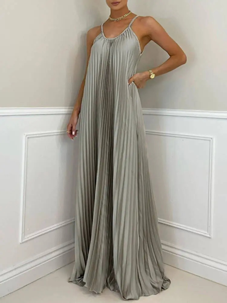 Summer Sexy Spaghetti Strap Party Dress Women Elegant Sleeveless Beach Dress Office Lady Casual Loose Backless Pleated Dresses 240328