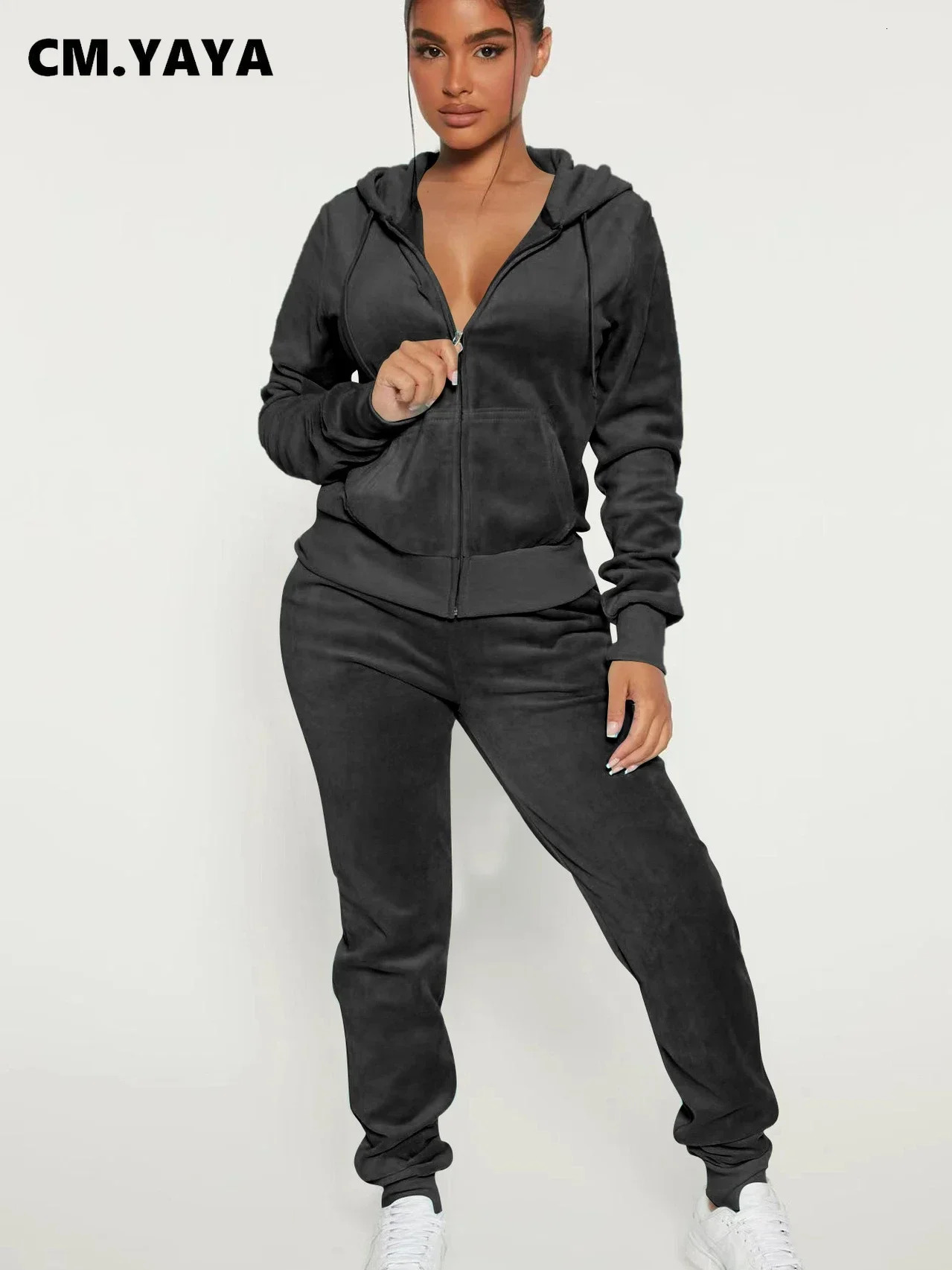 CMYAYA Fashion Velvet Womens Set Sweat-shirt à capuche à manches longues et pantalon de jogging Actives Deux ensembles de 2 pièces SURGES SUIT 24