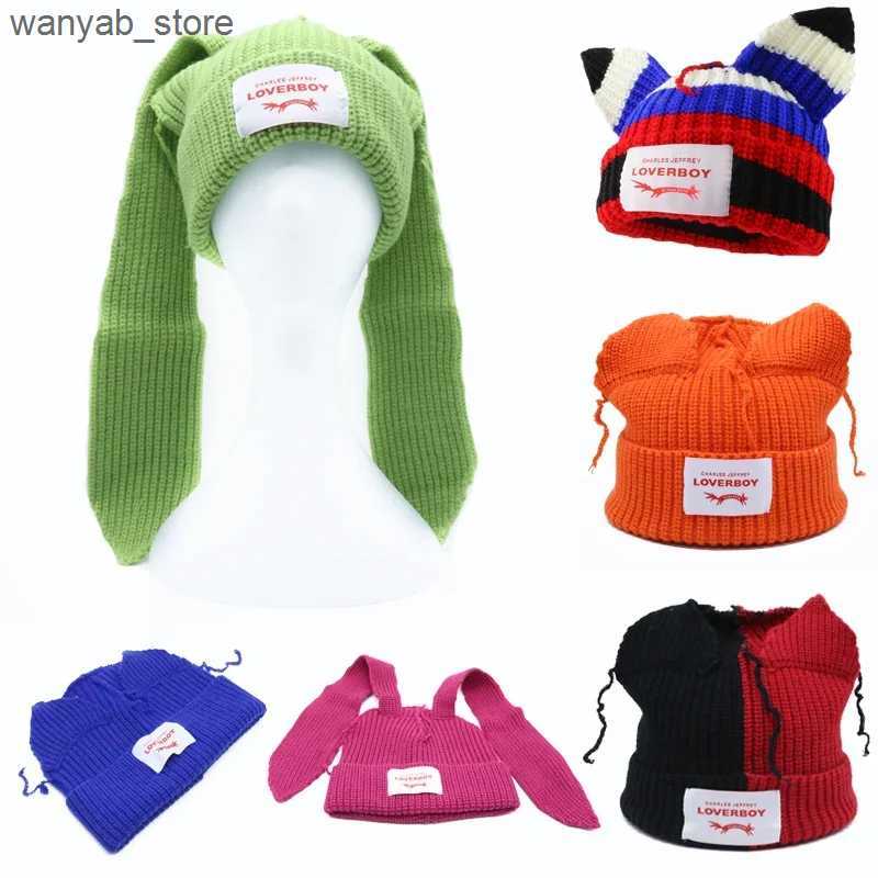 Beanie/Skull Caps NEW Cute Fashion Hooded Lover Boy Ear Knit Double-layer Warm Fox Ear Woolen Hat Niche Design Hip-hop Personality Cold Hat Y2k L