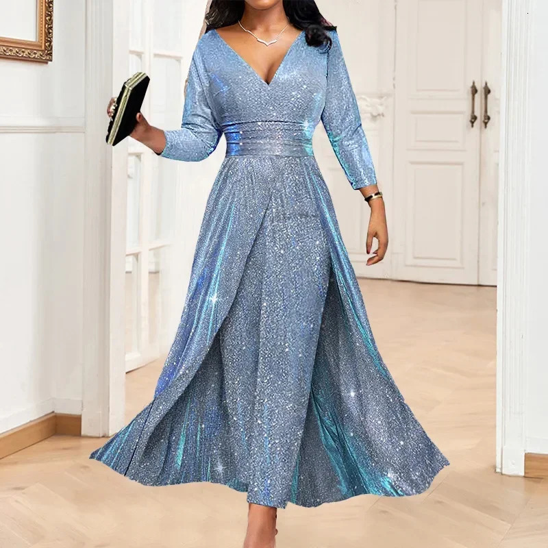 Women Party Dress Elegant Sexy Sequins Shiny Long Sleeve V Neck High Waist Corset Evening Junpsuit Y2K Chic Clothes 241108