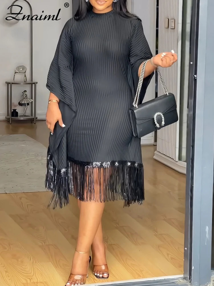 Znaiml Elegant Batwing Sleeve Tassel Slim Birthday Party Black Midi Dresses Women Sexy Evening Prom Bodycon African Vestidos 241108