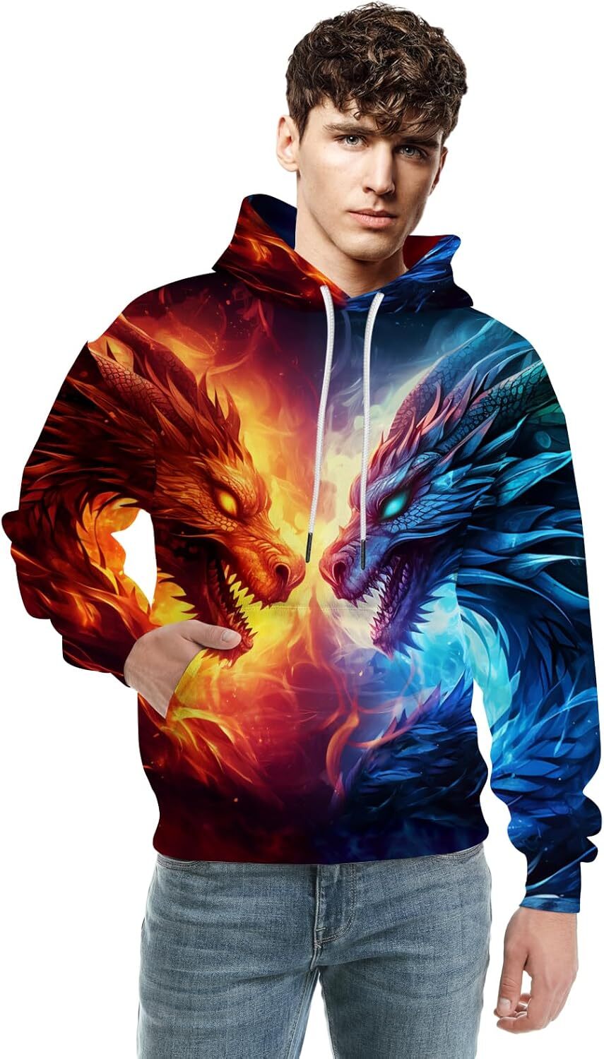 Hoodie for Mens Unisex new mens novel hooded sweatshirt with cool animal print pattern hooded sweatshirt wool Graphic Fashion Dragon Color