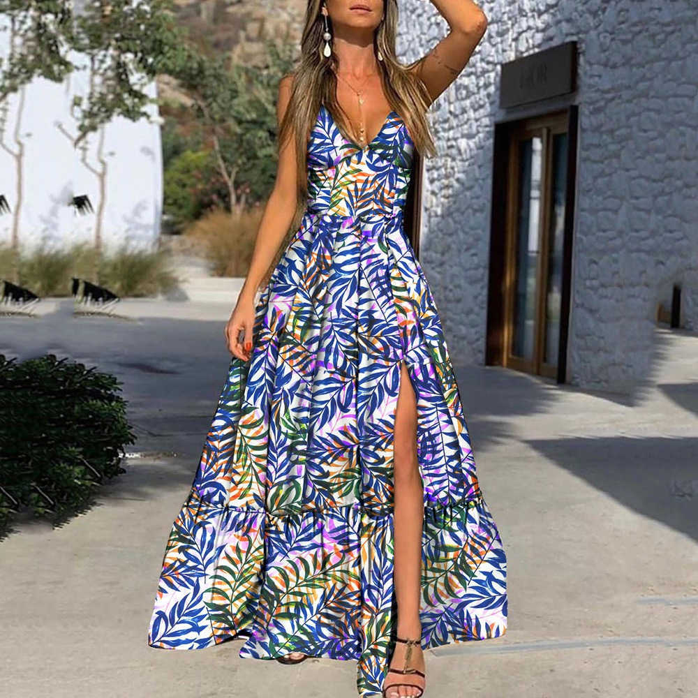 Basic Casual Dresses 2024 Summer Women's Dress V-neck Halter Print Leaf Beach Resort Slit Maxi Dress T240408-image-916784914