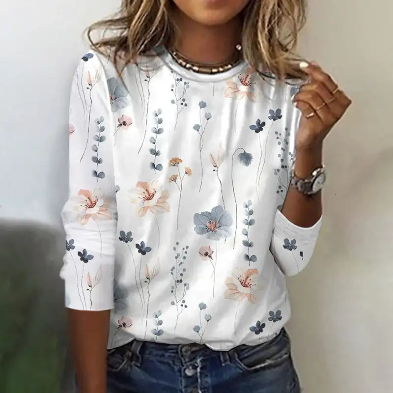 Automne et hiver Femmes longues à manches longues 3D Tshirt à imprimé floral imprimé Femme Streetwear Round Neck 241108