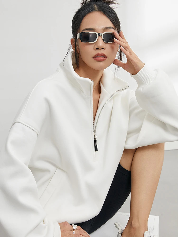 Casual sweatshirt half zipper womens Pullover super zipper hoodie solid color stand up collar long sleeved top 241108