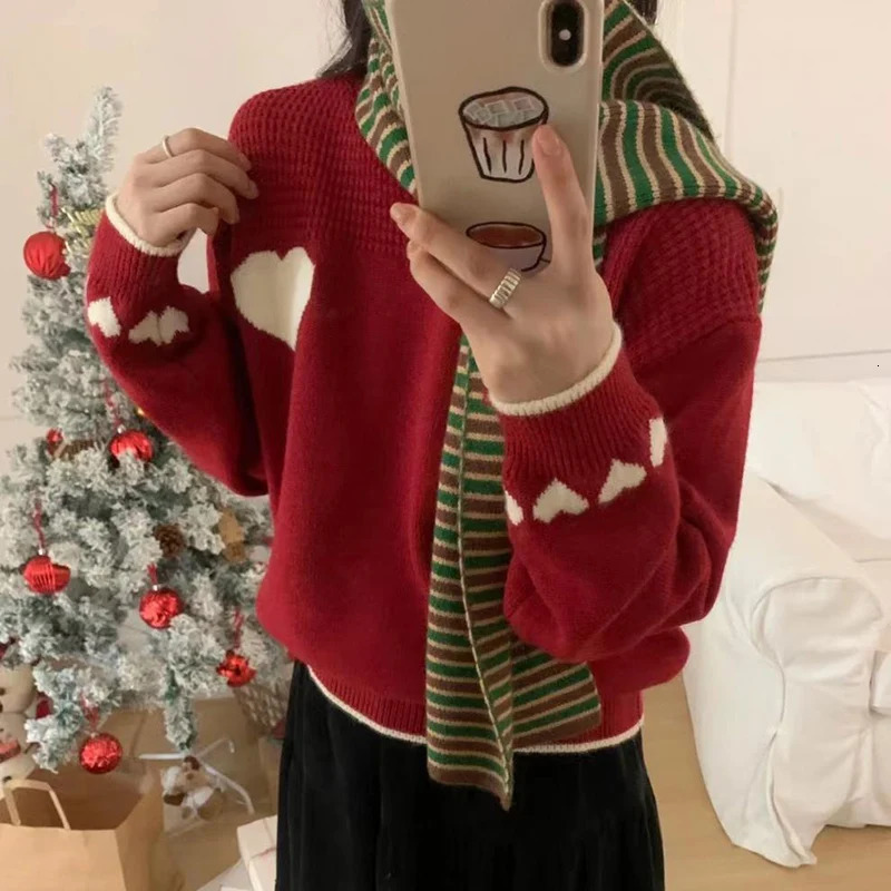Xingqing Christmas Sweaters Women y2k Clothes Heart Print Round Neck Long Sleeve Knitted Pullover Tops 2000s Aesthetic Clothing 241108