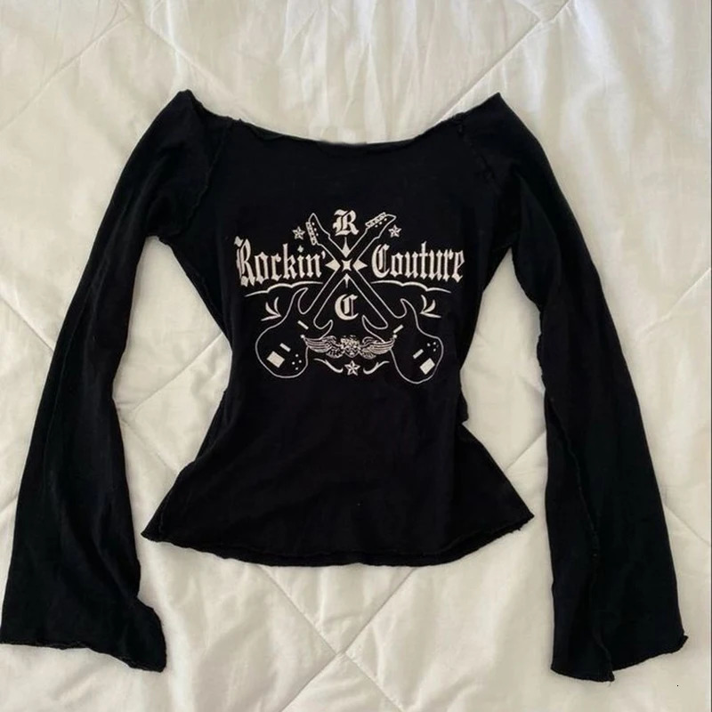 Y2k gothique grunge graphic à manches longues à manches longues tops femmes automne egirls esthétique gothique gothique imprimé Baggy t-shirts em