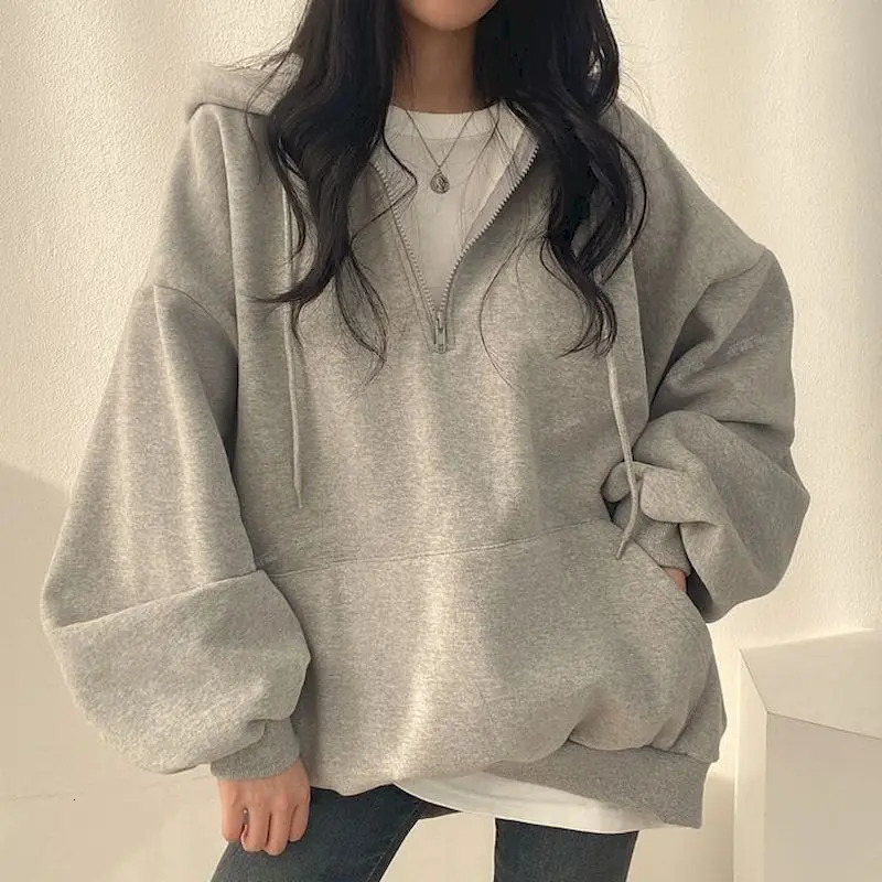 Korean Fashion Hoodie Oversize Women Solid Color Casual Coat Tops Hoodies for Hooded Sweatshirts with Zipper Female 241108