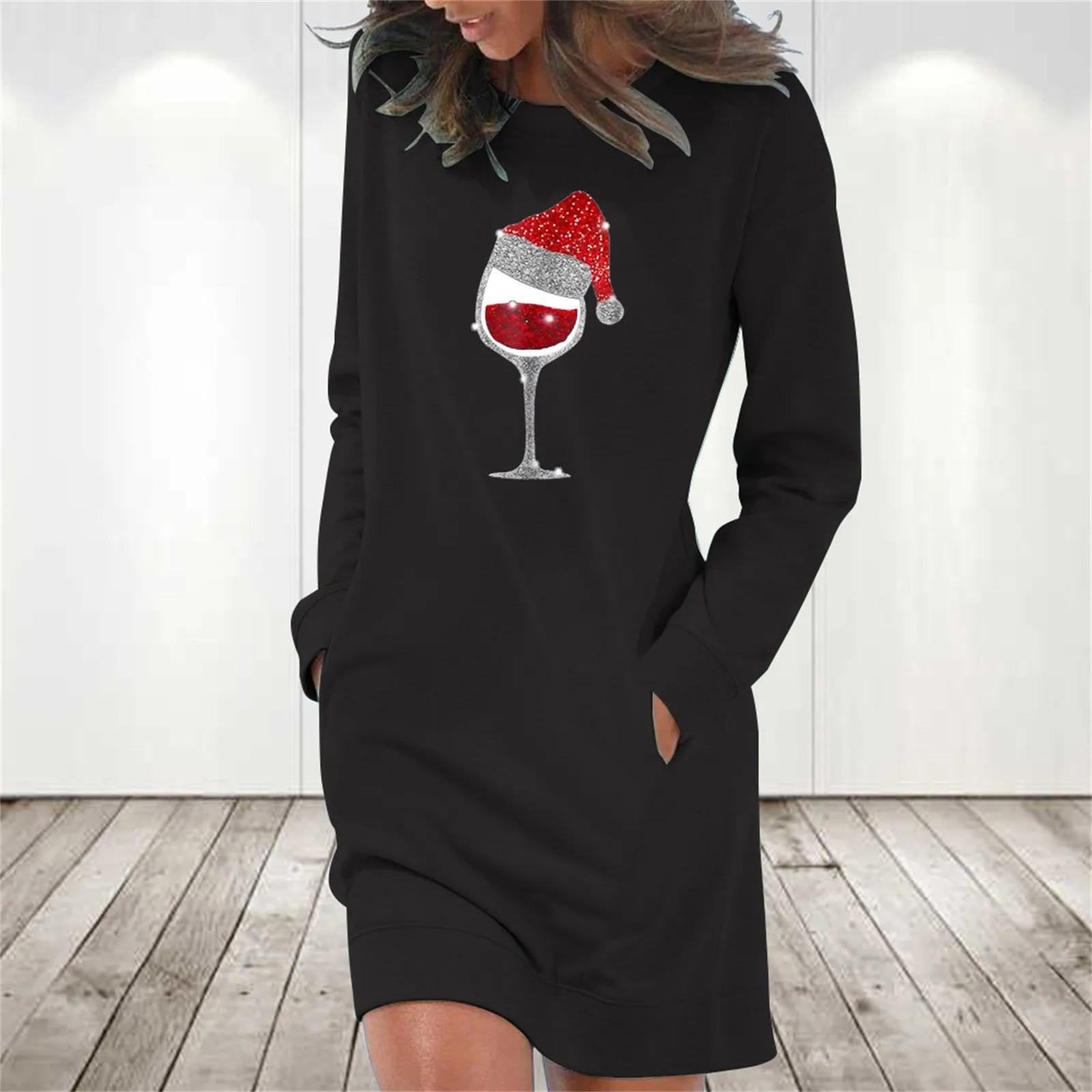 Womens Casual Solid Color Long Sleeve Round Neck Pocket Dress Merry Christmas 241108