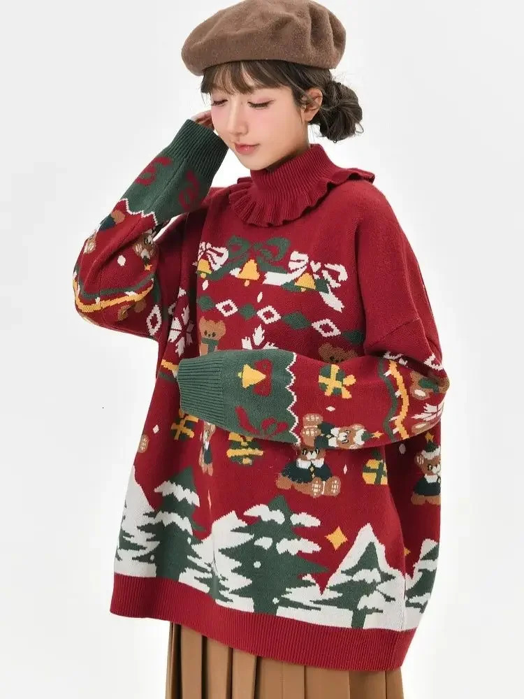 Korobov ours rouge noël pull année col à volants pulls ample paresseux pull à manches longues femmes vêtements Sueter Mujer 241108