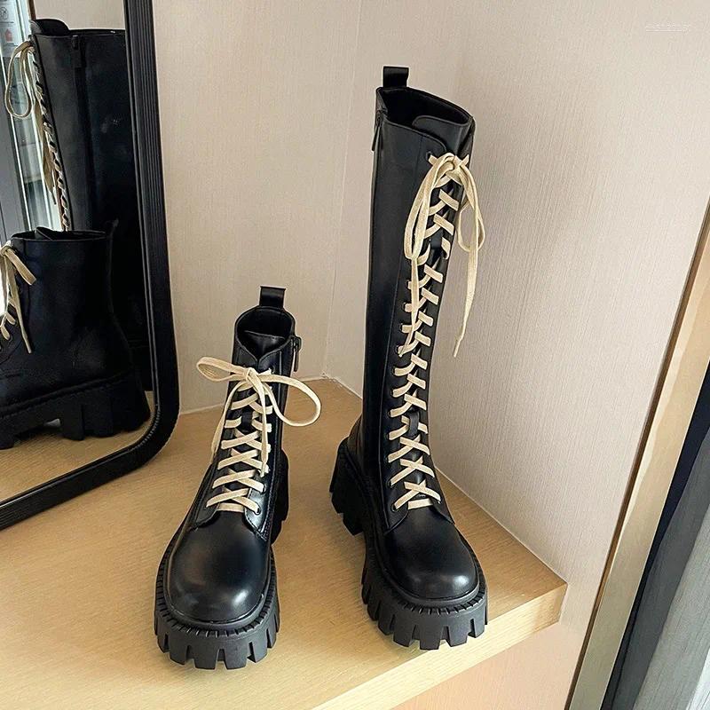 Bottes Band étroite Lace-Up Knee High-Top Long pour les femmes Sole Plateforme Sole Botas Largas de Mujer Chunky High Heels 2024