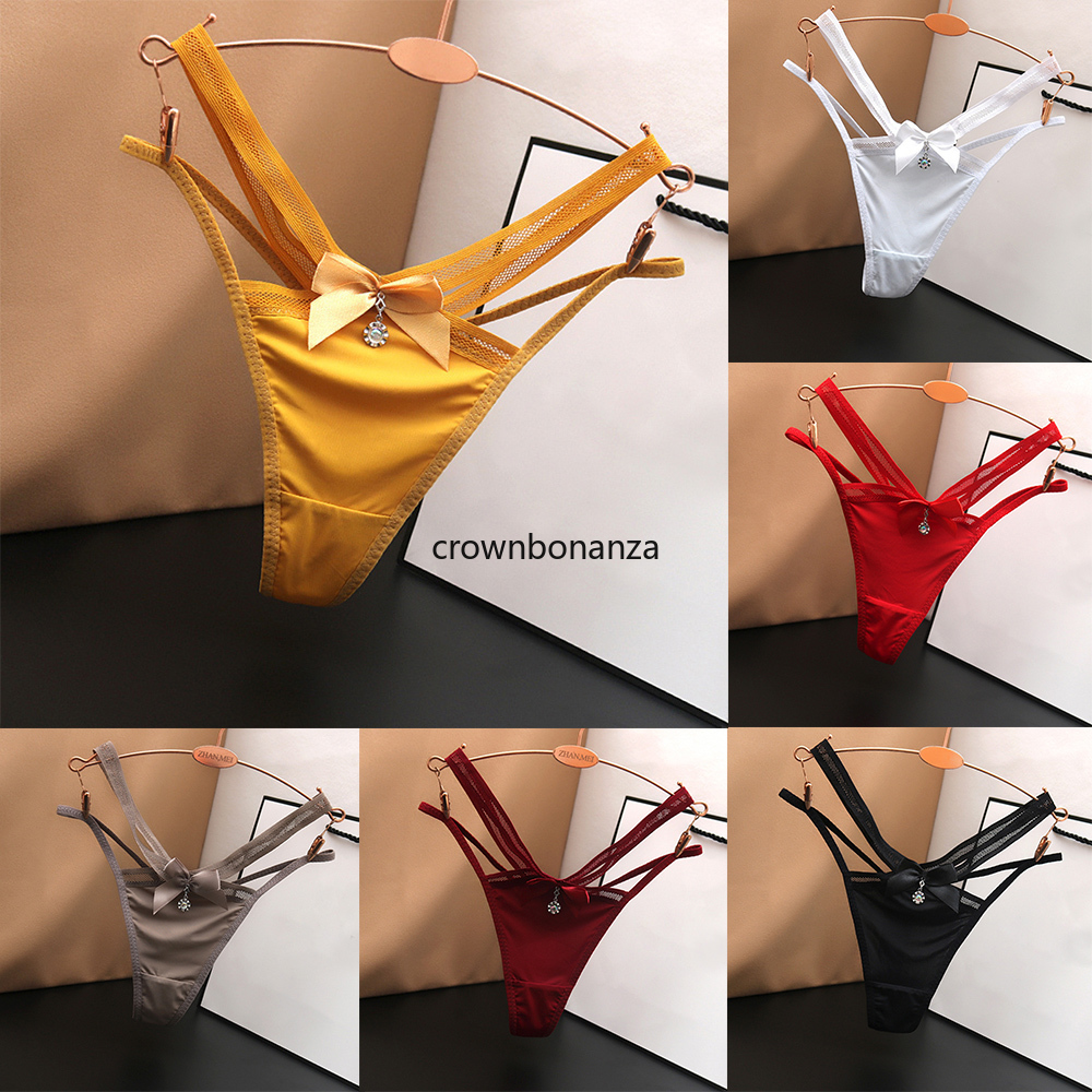 Sexy Bow Knot Stain Thongs S-tring Women's T-Back Panties Bow Hollow Out Double Lace Up Low Waist Briefs Underwear Briefs Solid