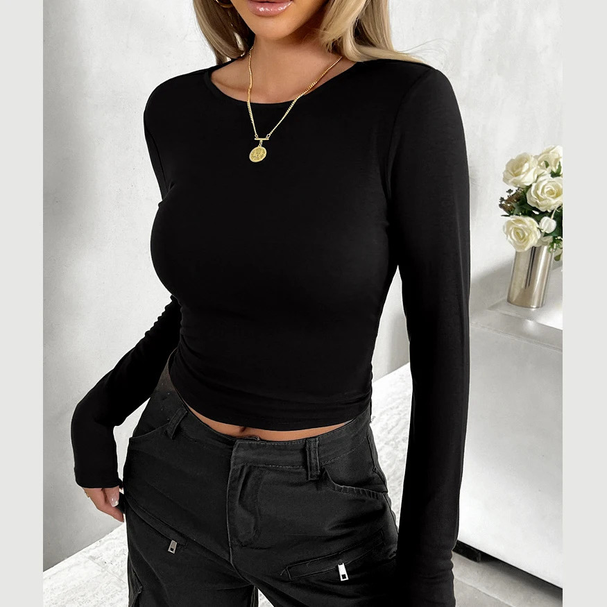 Womens Spring Fall Fashion Solid Color Round Neck LongSleeved Slim Casual Pullover Basic Bottoming TShirt Y2K Street Tops 241108