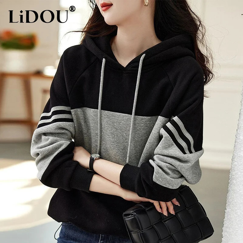 Autumn Winter Loose Casual Patchwork Hoodies Ladies Simple Fashion Allmatch Pullover Top Women Hooded Sweatshirt Female Clothes 241108