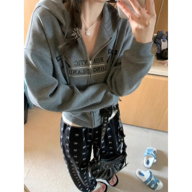 Deeptown Women Cropped Hoodies Vintage Y2k Korean Style Zip Up Sweatshirts Sweet Bow Embroidery Casual Cotton Harajuku 241108