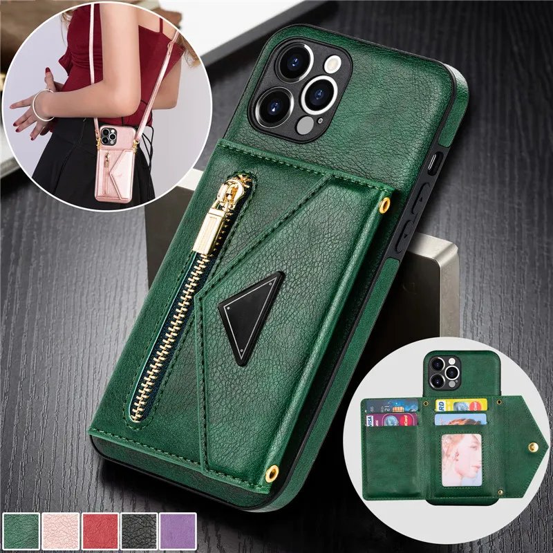 Lanyard Zipper Wallet Phone Cases For iPhone 13 12 11 14 15 Pro Max X XS XR 8 7 6 Plus SE Leather Purse Card Holder Cover Coque-image-961505925