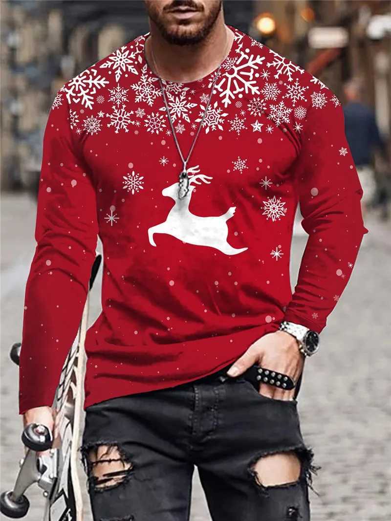 Autumn Winter Christmas Style Mens Long Sleeve T-Shirts Snowflake And Deer 3D Print Male Red Tees Festival Casual Big Size Tops LX241109