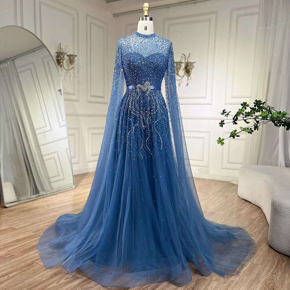 Colline 2024 Blue serein A-E Cape High Neck Robes de soirée perlées pour la taille plus la taille LA70066BB personnalisée