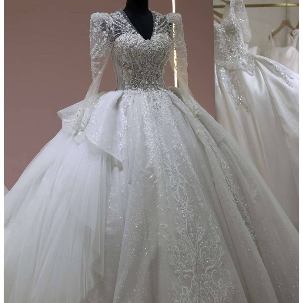 Real Sharon Said Photos Ball Gown Princess Wedding Dress 2024 Elegant V-Neck Long Sleeves Dubai Arabic Bride Gowns Rs020 s