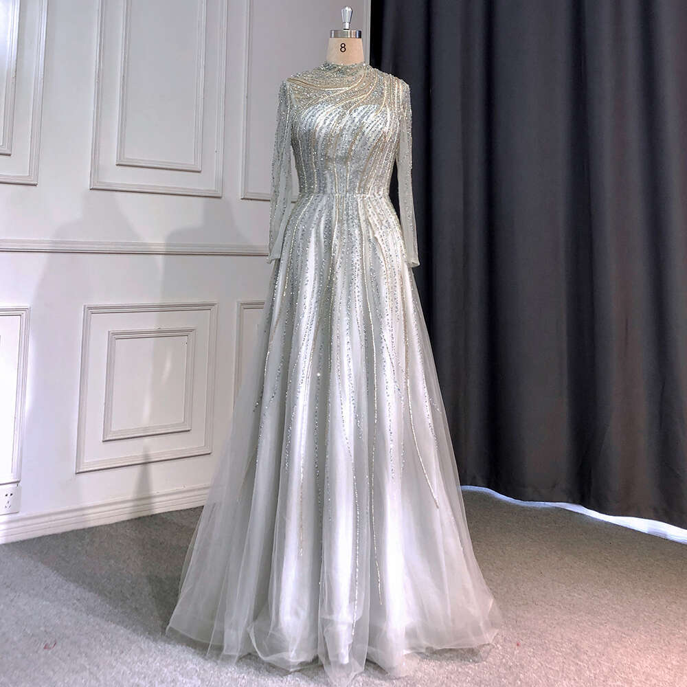 Gris personnalisé musulman A-E robes de soirée High Necy Long Bran Robes 2024 Perbe pour les femmes Party LA71692