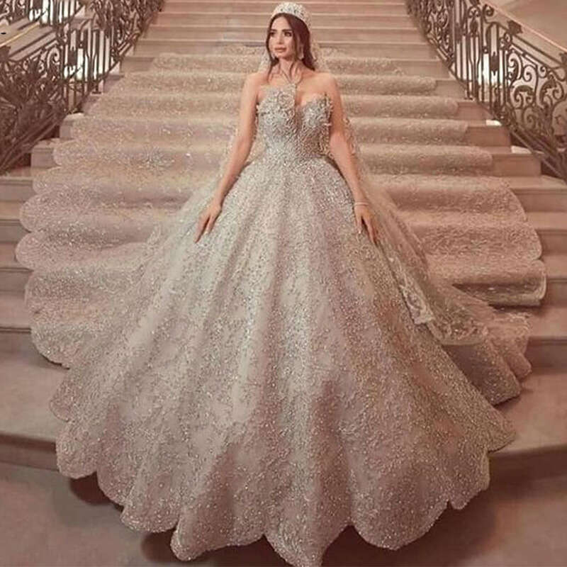 Robes à balle 2024 Sweetheart perle Crystal 3d wers avec train de train Longue robe magnifique robe