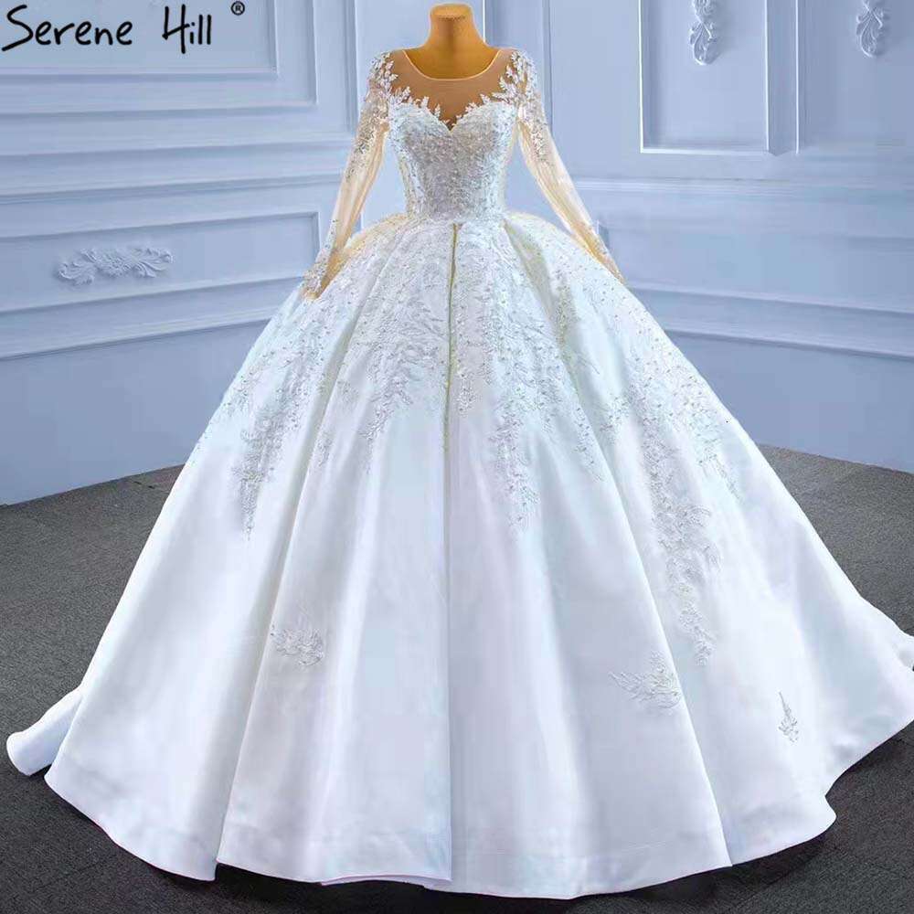 Muslim Serene Hill White Satin Wedding Dresses Beaded High End Lace Up Bride Gowns HM Custom Made