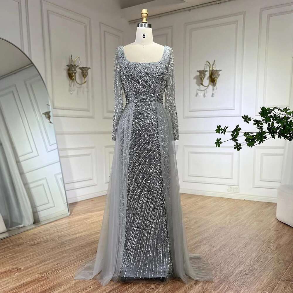 Arabe personnalisé 2024 Dubaï Sier Grey Sirène sirène détachable Jupe de soirée perlée Robes de soirée pour les femmes Party LA71618L
