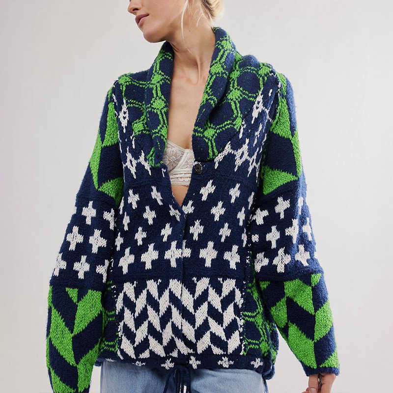 Women's Sweaters Europe And The United States 2024 New Sweater For Autumn And Winter Y2K Abstract Print Lapel Loose Long-sleeved Sweater Wom-image-992968298