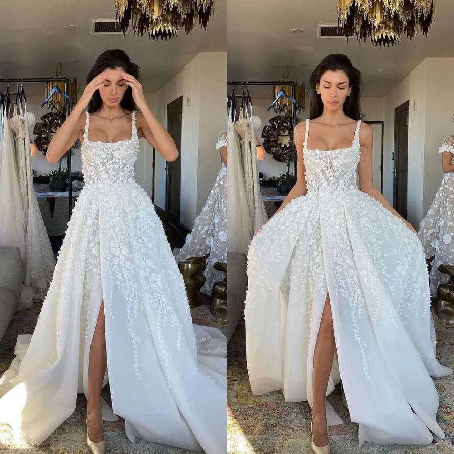 Wedding Dresses Bridal Gown Lace Appplique Straps Front Slit Satin A E Ruched Sweeptrain Custom Plus Size Country Beach Vestido De Novia